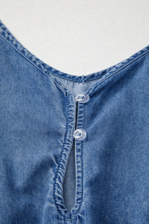 Spaghetti Strap V Neck Belted Ruffled Chambray Romper