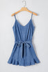 Spaghetti Strap V Neck Belted Ruffled Chambray Romper