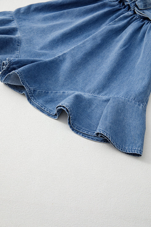 Spaghetti Strap V Neck Belted Ruffled Chambray Romper