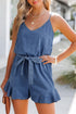Spaghetti Strap V Neck Belted Ruffled Chambray Romper