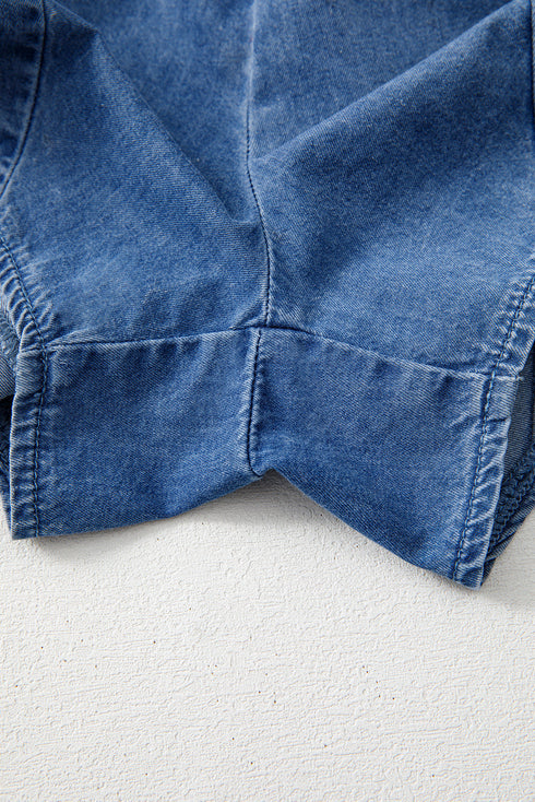 Spaghetti Strap V Neck Belted Ruffled Chambray Romper