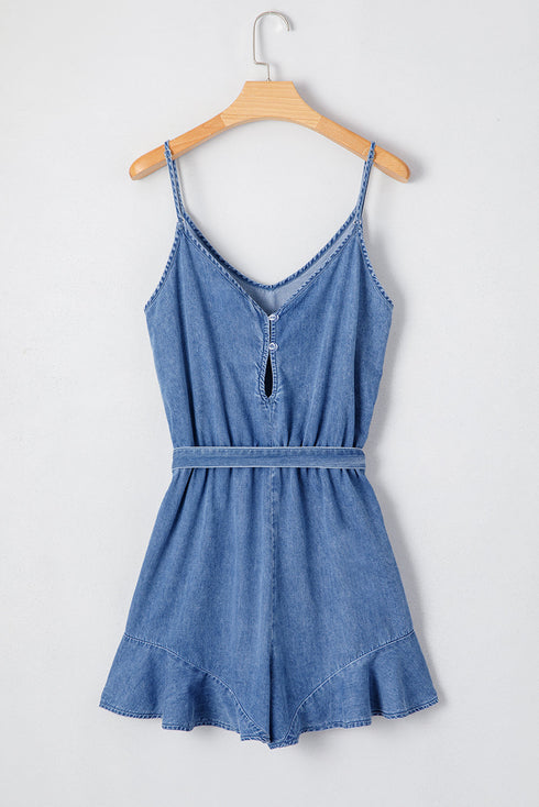 Spaghetti Strap V Neck Belted Ruffled Chambray Romper