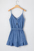 Spaghetti Strap V Neck Belted Ruffled Chambray Romper