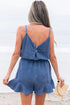 Spaghetti Strap V Neck Belted Ruffled Chambray Romper