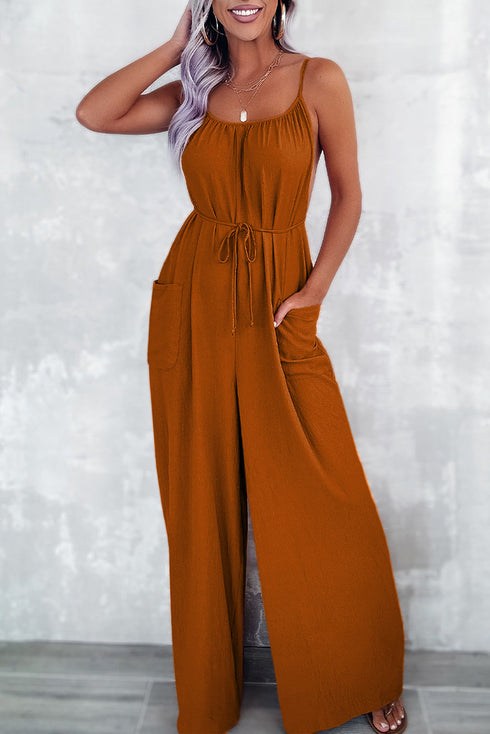 Spaghetti Straps Waist Tie Wide Leg Jumpsuit with Pockets