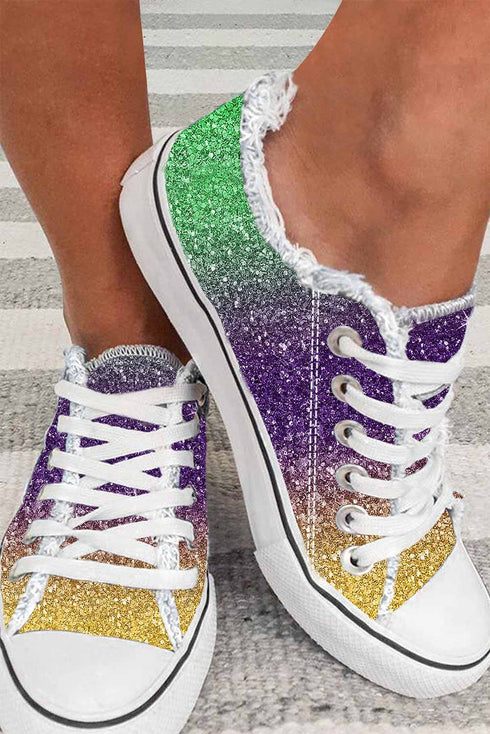 Sparkle Sequin Raw Edge Lace Up Casual Sneakers