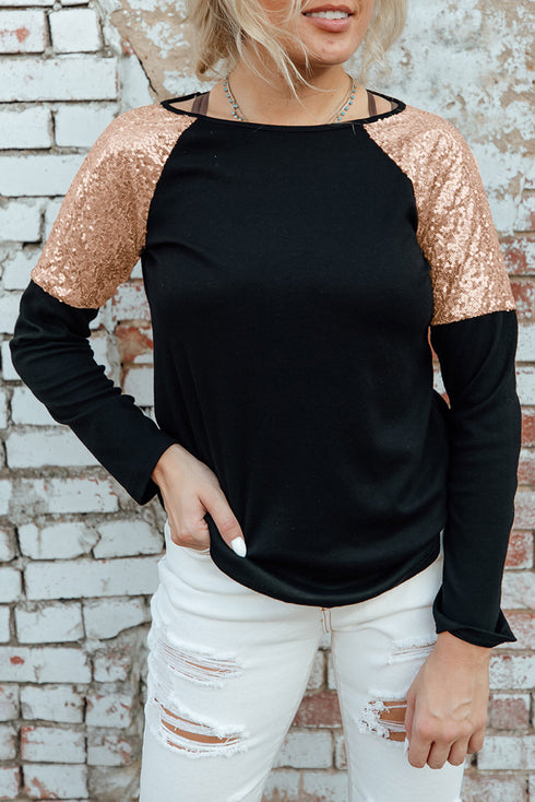 Sparkle Shoulder Detail Stretch Fabric Long Sleeve Top