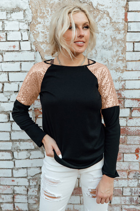 Sparkle Shoulder Detail Stretch Fabric Long Sleeve Top