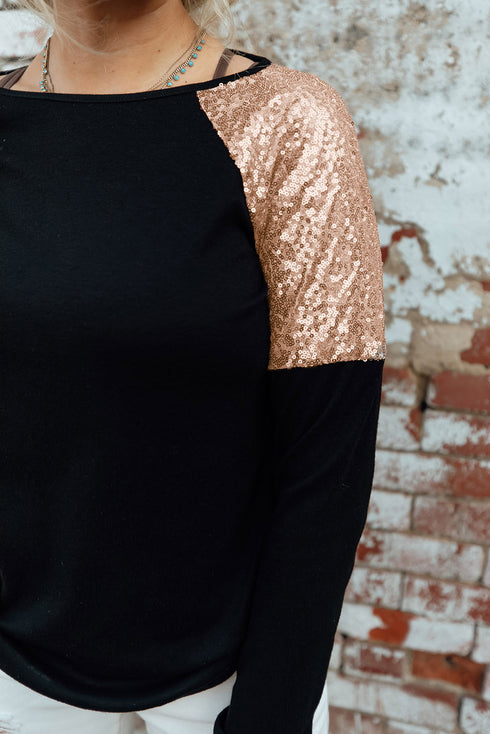 Sparkle Shoulder Detail Stretch Fabric Long Sleeve Top