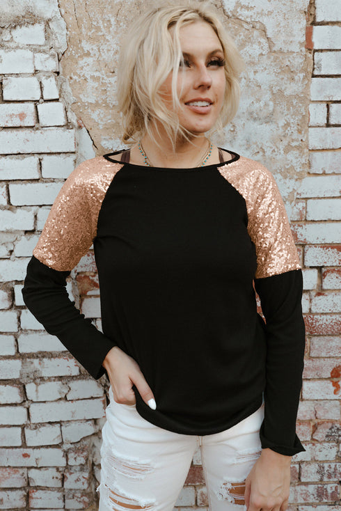 Sparkle Shoulder Detail Stretch Fabric Long Sleeve Top