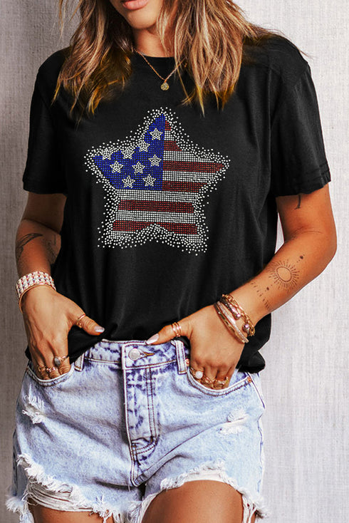 Sparkling American Pride Rhinestone Star Graphic Tee Shirt
