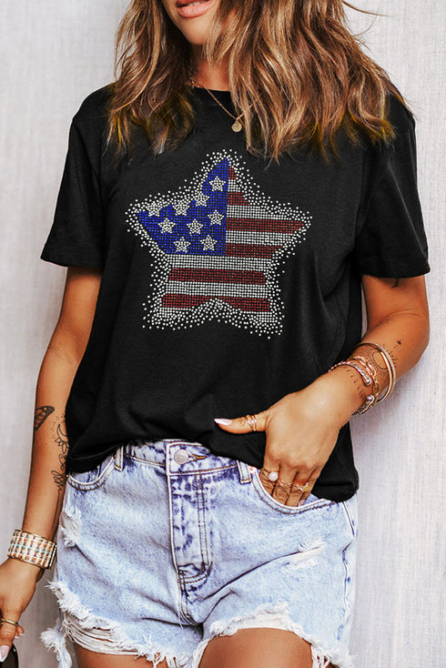 Sparkling American Pride Rhinestone Star Graphic Tee Shirt