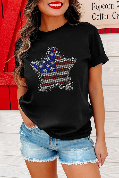 Sparkling American Pride Rhinestone Star Graphic Tee Shirt