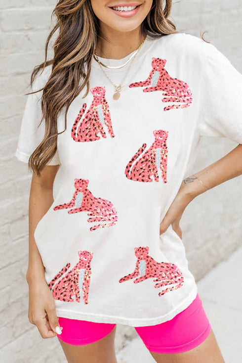 Sparkling Cheetah Print Round Neck Graphic Tee