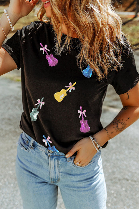 Sparkling Country Glam Sequin Guitar Bow Graphic Tee