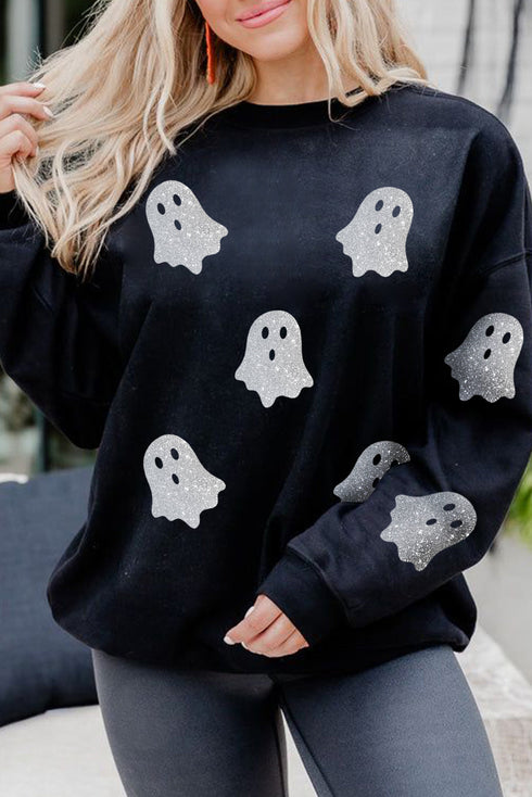 Sparkling Ghost Graphic Long Sleeve Crew Neck Sweatshirt
