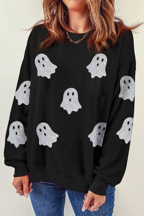 Sparkling Ghost Graphic Long Sleeve Crew Neck Sweatshirt