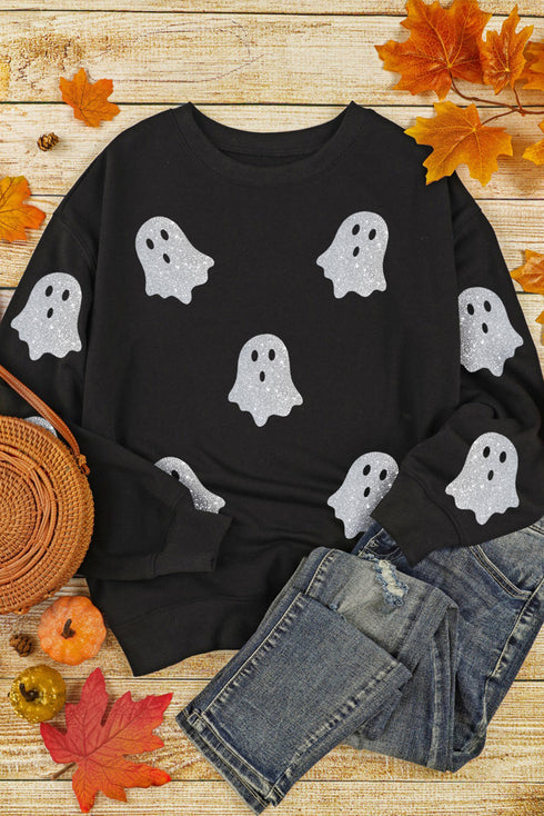 Sparkling Ghost Graphic Long Sleeve Crew Neck Sweatshirt
