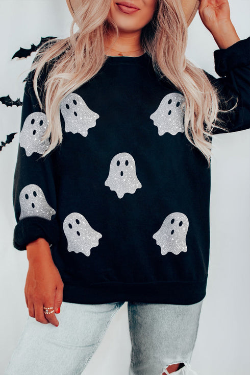 Sparkling Ghost Graphic Long Sleeve Crew Neck Sweatshirt