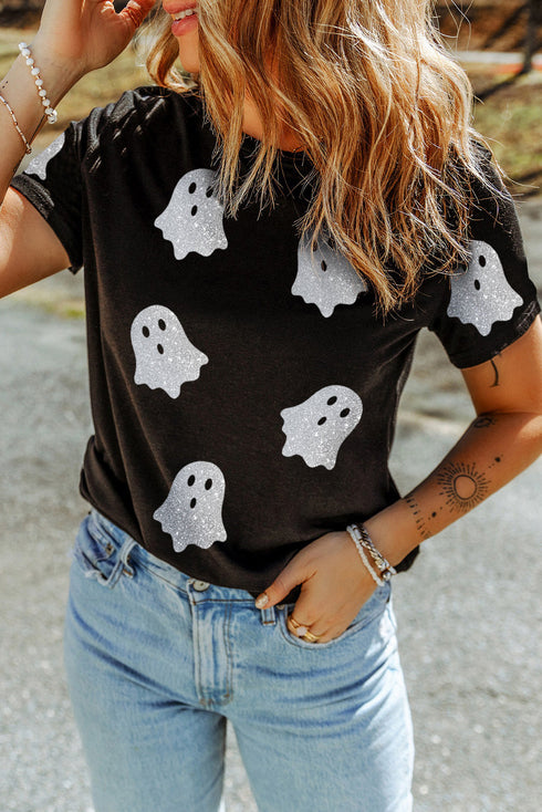 Sparkling Glitter Ghost Graphic Short Sleeve Jersey Tee
