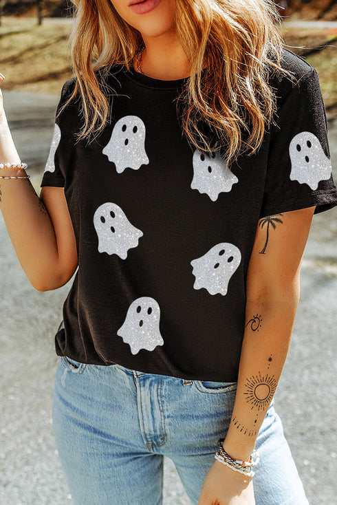 Sparkling Glitter Ghost Graphic Short Sleeve Jersey Tee
