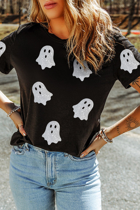 Sparkling Glitter Ghost Graphic Short Sleeve Jersey Tee