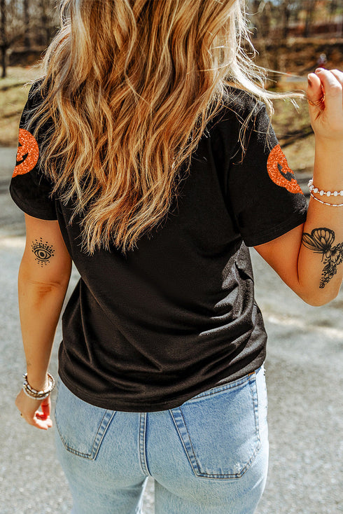Sparkling Pumpkin Face Graphic Short Sleeve Crewneck Tee