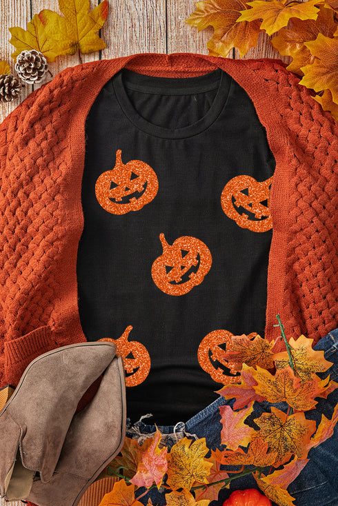 Sparkling Pumpkin Face Graphic Short Sleeve Crewneck Tee