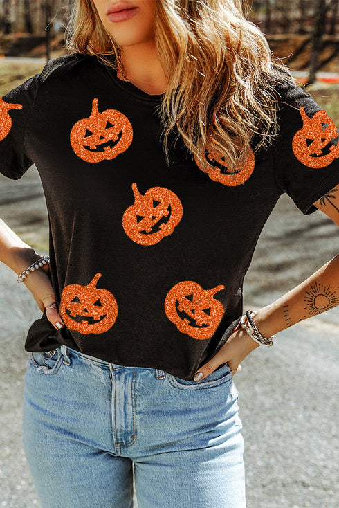 Sparkling Pumpkin Face Graphic Short Sleeve Crewneck Tee