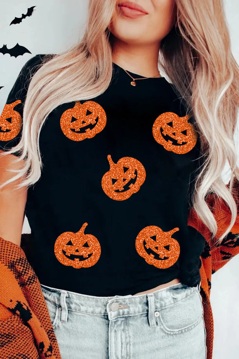 Sparkling Pumpkin Face Graphic Short Sleeve Crewneck Tee