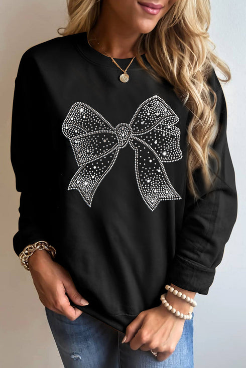 Sparkling Rhinestone Bow Graphic Crew Neck Pullover Sweatshirt