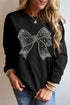 Sparkling Rhinestone Bow Graphic Crew Neck Pullover Sweatshirt
