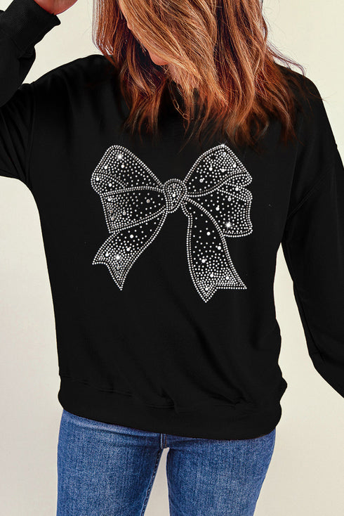 Sparkling Rhinestone Bow Graphic Crew Neck Pullover Sweatshirt