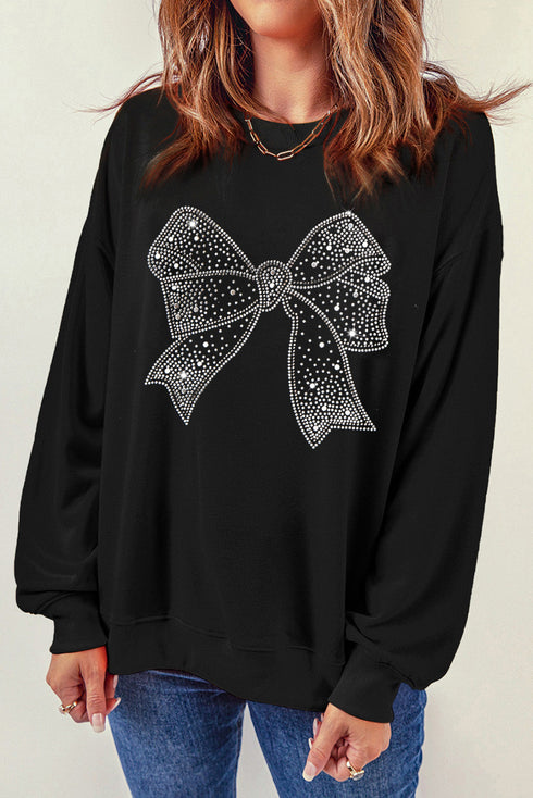 Sparkling Rhinestone Bow Graphic Crew Neck Pullover Sweatshirt