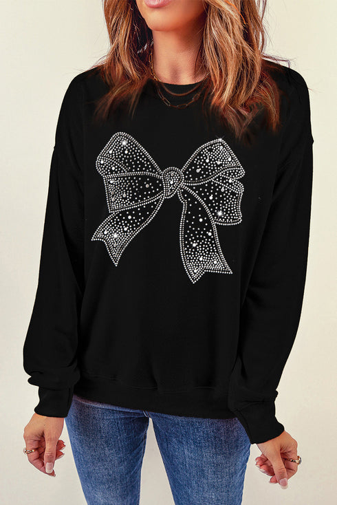 Sparkling Rhinestone Bow Graphic Crew Neck Pullover Sweatshirt