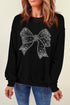 Sparkling Rhinestone Bow Graphic Crew Neck Pullover Sweatshirt