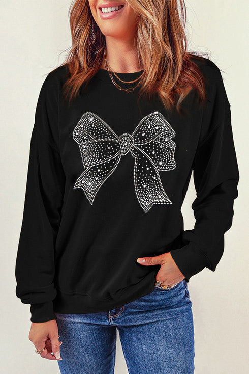 Sparkling Rhinestone Bow Graphic Crew Neck Pullover Sweatshirt