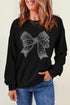Sparkling Rhinestone Bow Graphic Crew Neck Pullover Sweatshirt