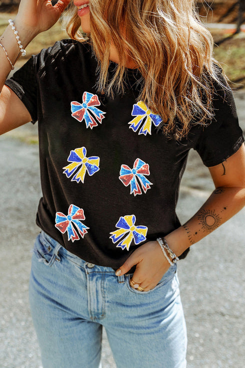 Sparkling Rhinestone Bow Graphic Short Sleeve T-Shirt