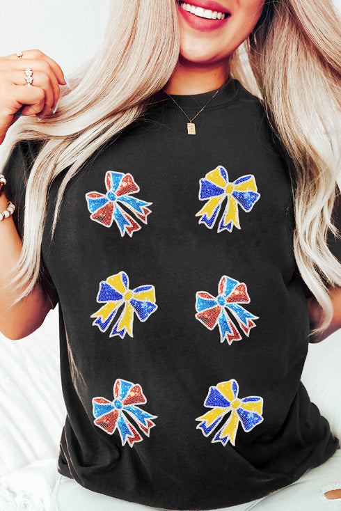 Sparkling Rhinestone Bow Graphic Short Sleeve T-Shirt