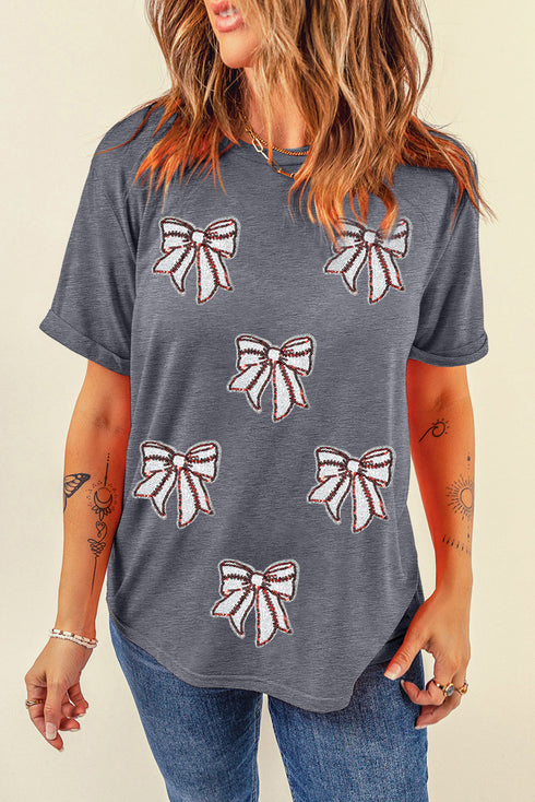 Sparkling Sequin Baseball Stitch Bow Graphic Game Day Tee