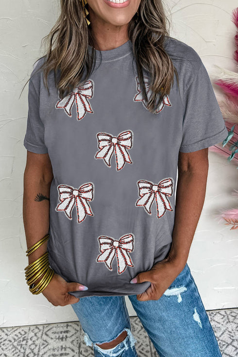 Sparkling Sequin Baseball Stitch Bow Graphic Game Day Tee