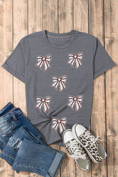 Sparkling Sequin Baseball Stitch Bow Graphic Game Day Tee