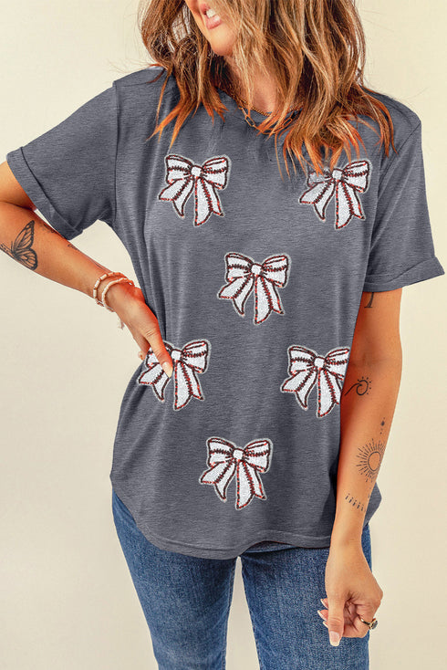 Sparkling Sequin Baseball Stitch Bow Graphic Game Day Tee