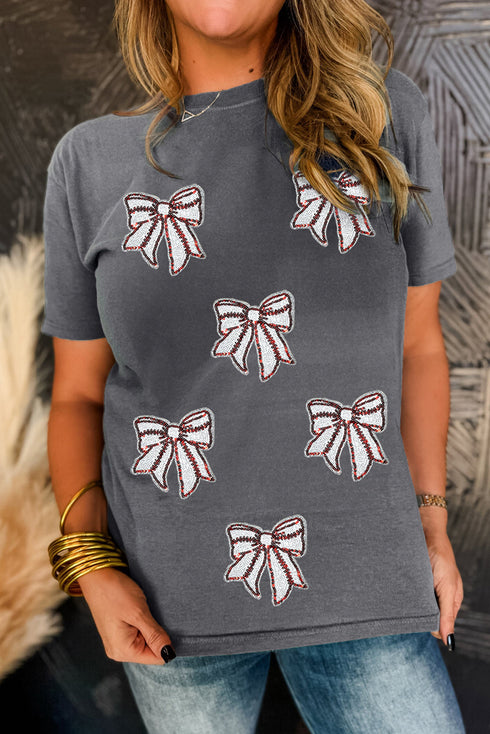 Sparkling Sequin Baseball Stitch Bow Graphic Game Day Tee