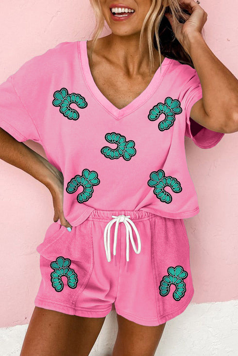 Sparkling Sequin Cactus Patch V Neck Top And Shorts Lounge Set