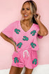 Sparkling Sequin Cactus Patch V Neck Top And Shorts Lounge Set