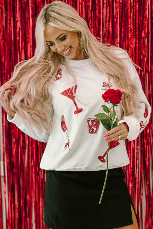 Sparkling Sequin Cocktail Motif Crew Neck Sweatshirt