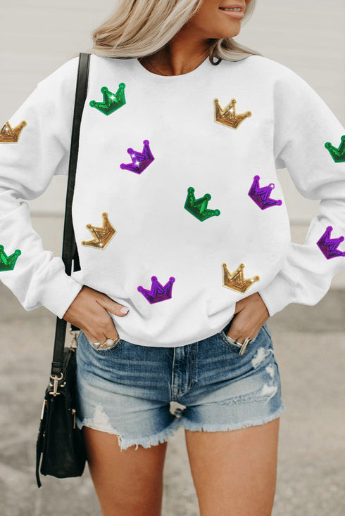 Sparkling Sequin Crown Patch Crew Neck Sweatshirt