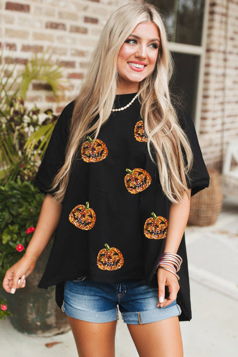 Sparkling Sequin Graphic Cotton Blend Short Sleeve Tee